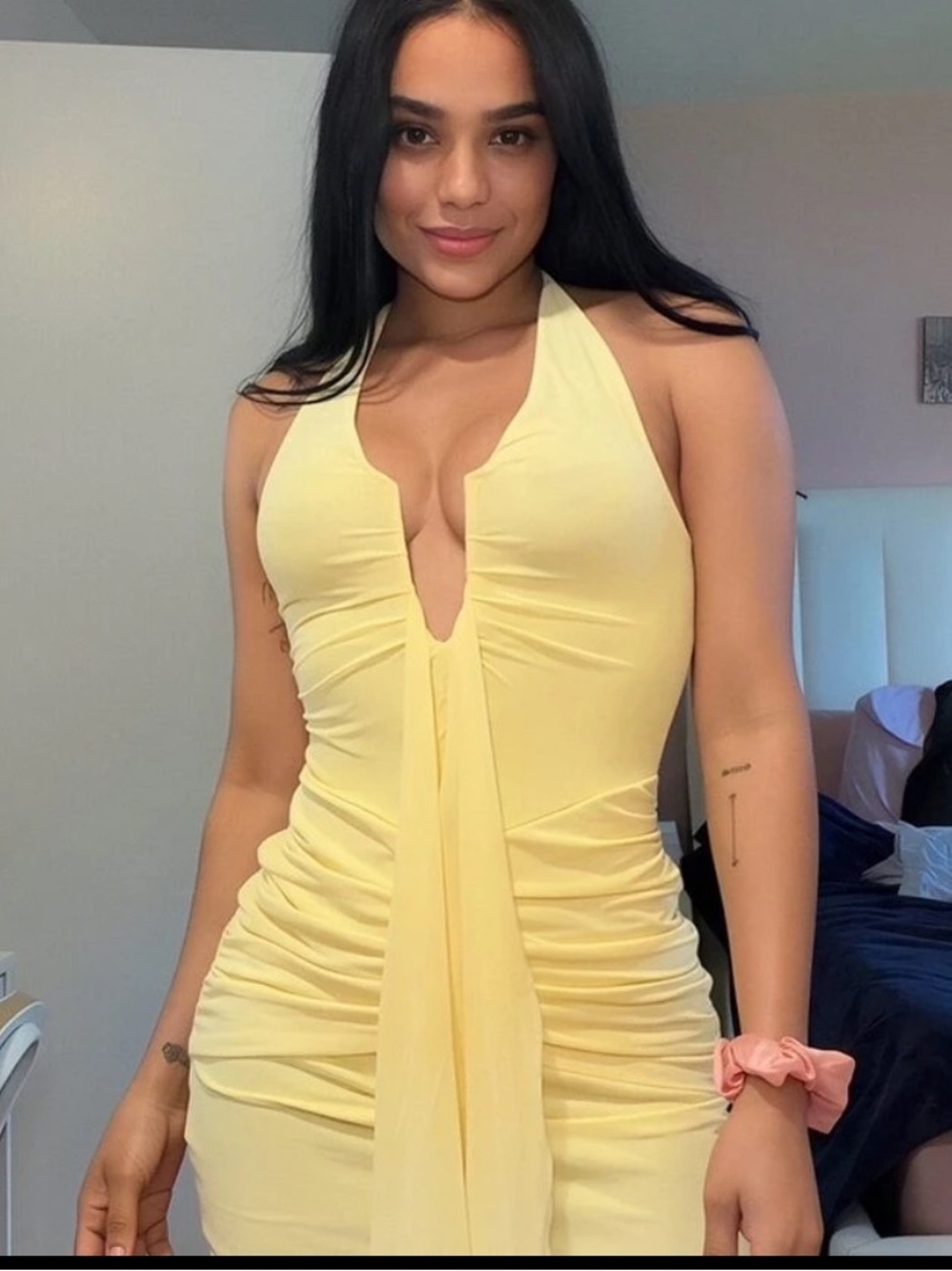 SHEIN Pale Yellow Halter Plunge Mini Dress